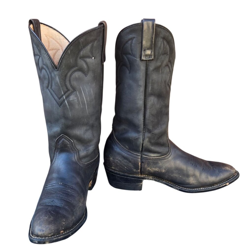 Black Leather Cowboy Boots Biker Western Steampunk Motorcycle Shoes Vintage